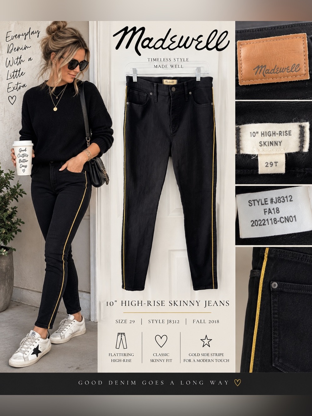 Madewell Black High-Rise Skinny Jeans with Gold Side Stripe
